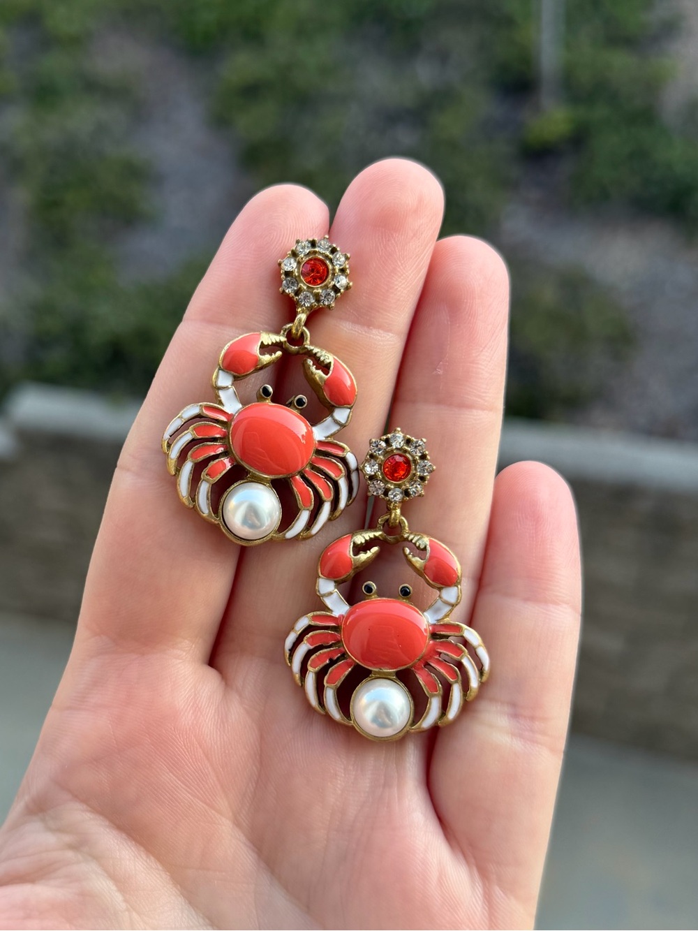 Coral Crab Statement Stud Earrings – Pearl & Crystal Gold Tone Dangle Earrings - Picture 3 of 4